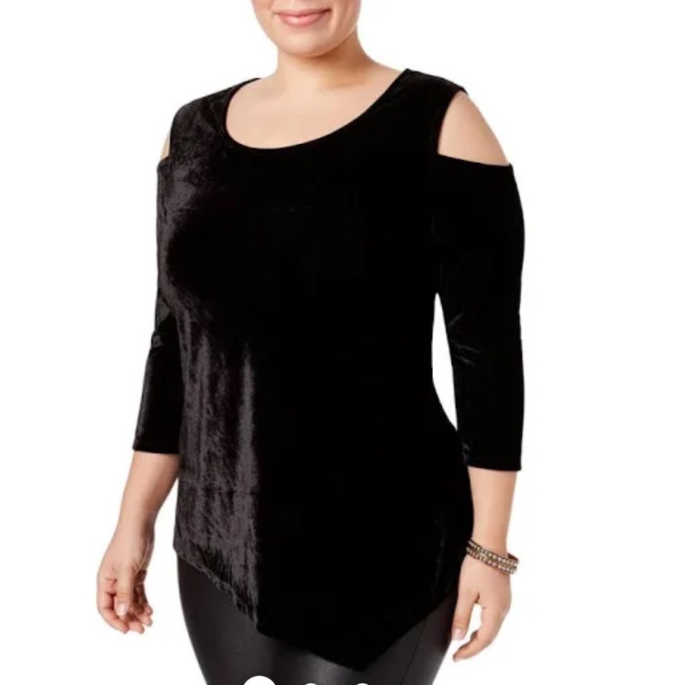 NY Collection Womens Open Shoulder Velvet Top Black size small